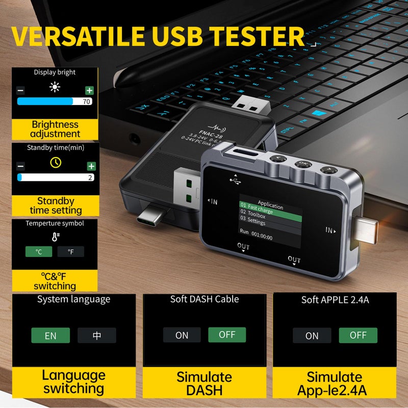 FNIRSI FNAC-28 فاحص USB ملقي طاقة USB-C 4-24 فولت 0-6.5 أمبير LCD فاحص جهد وتيار وطاقة USB A و C اكتشاف الشحن السريع قياس السعة PD2.0/3.0 QC2.0/3.0 - Image 4