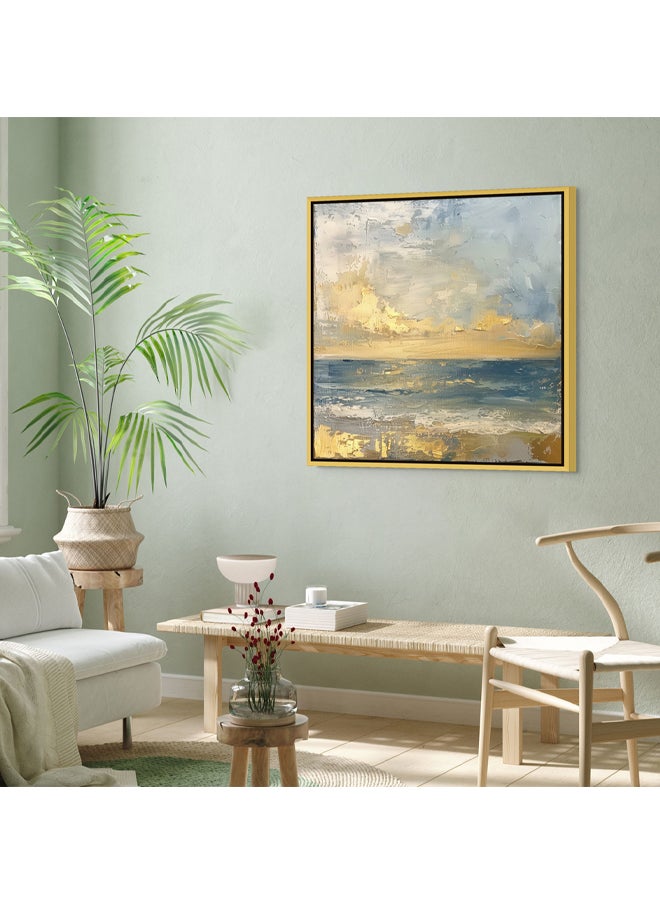 Art Decor - Art Decor Framed Canvas Wall Art of Abstract Beach Painting Square Blue and Gold Seascape Print Wall Decor for Home Office Living Room Bedroom Gifting - Image 1