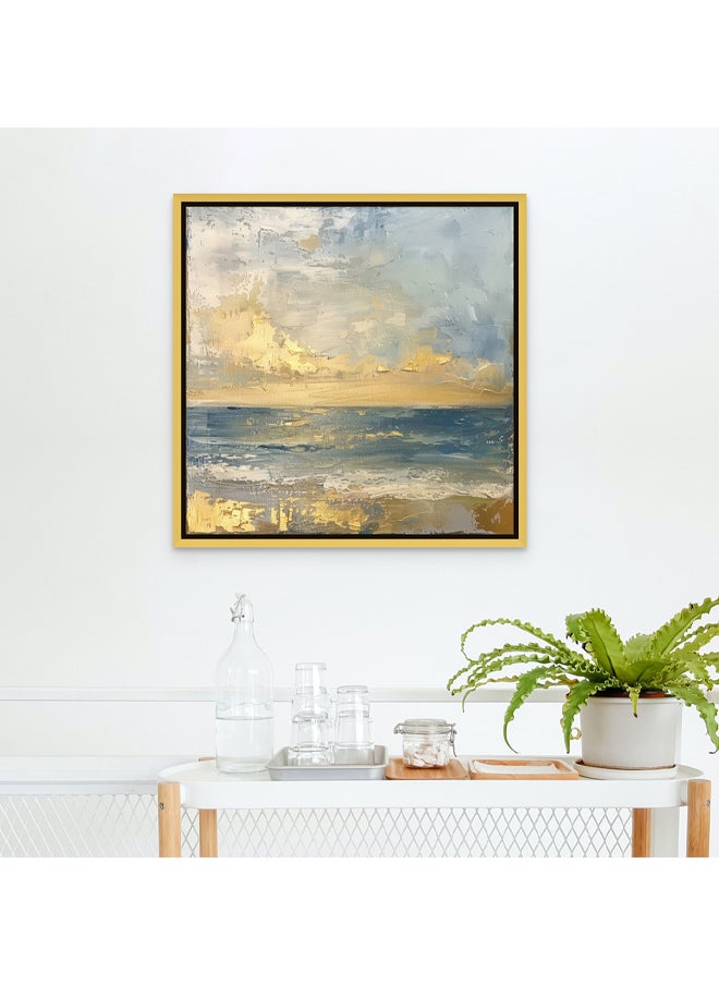 Art Decor - Art Decor Framed Canvas Wall Art of Abstract Beach Painting Square Blue and Gold Seascape Print Wall Decor for Home Office Living Room Bedroom Gifting - Image 1