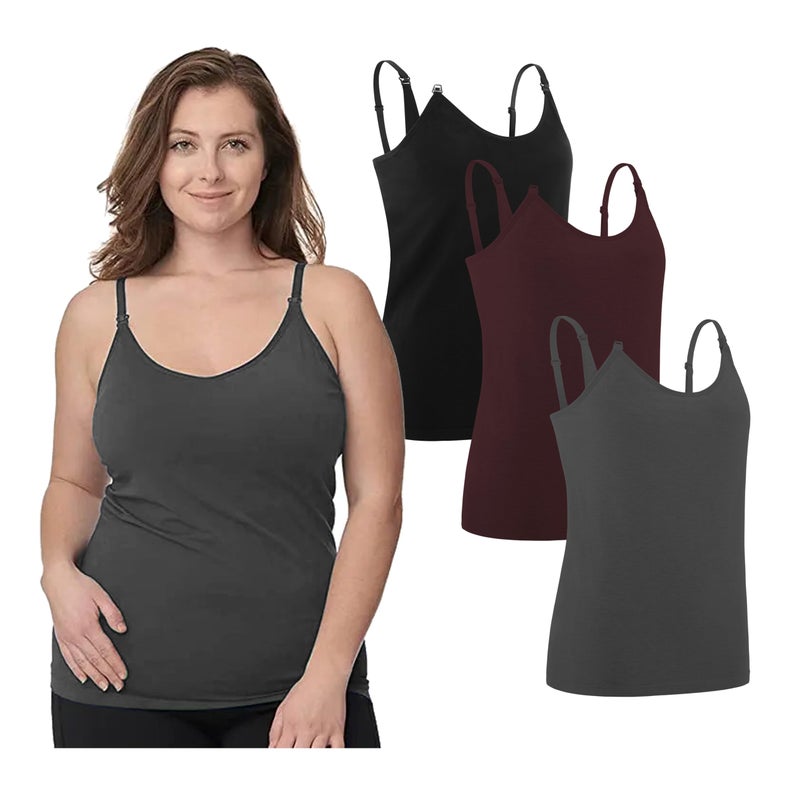 Under Control Nursing Cami Tank Tops for Breastfeeding Women Nursing Tops Maternity Shirts, Camisoles with Built in Bra 3Pack (US, Alpha, Regular, Regular, Medium/Dgrey/Burgendy) - Image 2