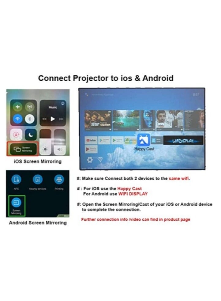 Umiio Portable 1080P Video Projector – Android Smart Projector with WiFi & Bluetooth, HDMI/USB/AV Interface, Game & TV Support, Compact Design with Tripod Stand – Home Theater & Office - Image 4