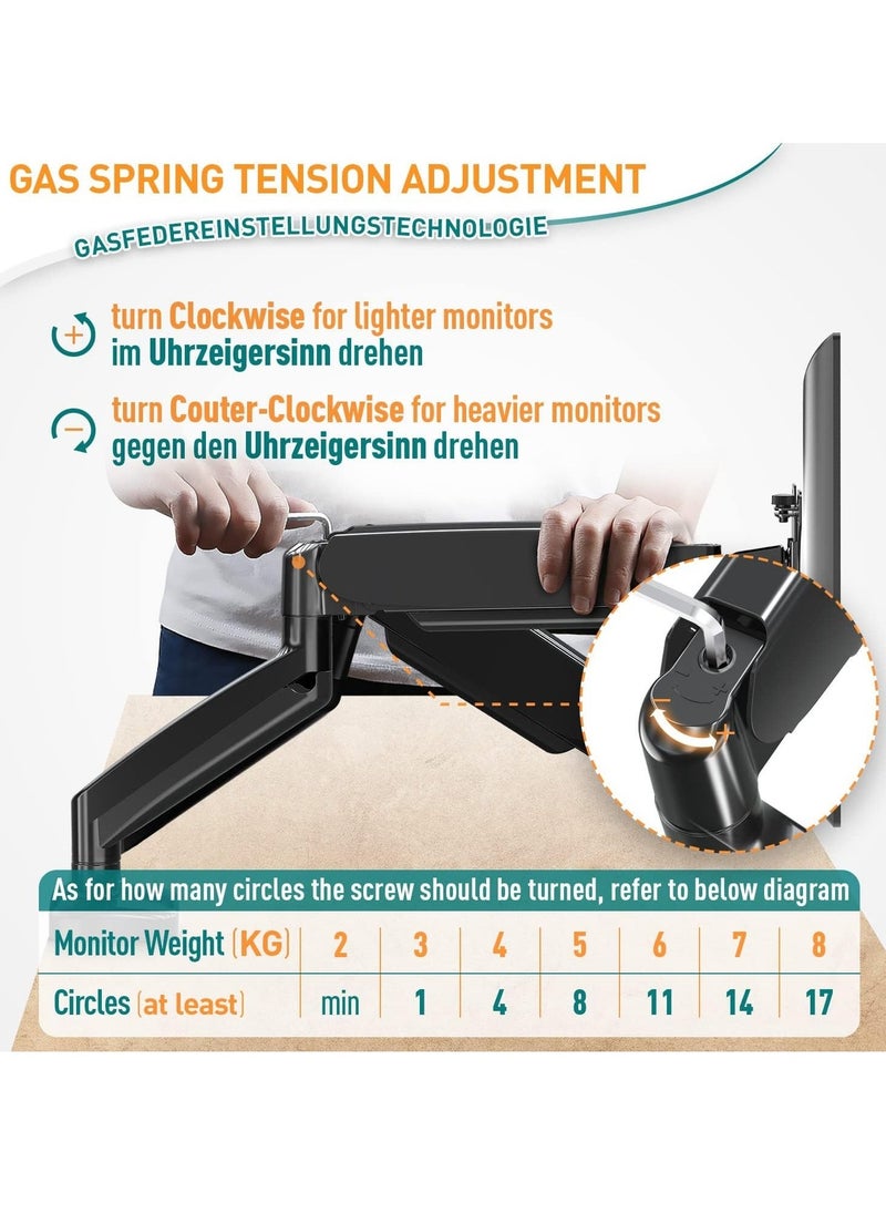 TIGER Dual Monitor Arm Adjustable Gas Powered – Ergonomic PC Monitor Stand for 13-32 Inch Monitors, VESA 75x75/100x100, with C-Clamp and Grommet Base, Gas Spring Monitor Arm - Image 5