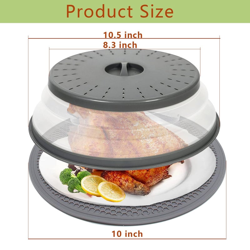 CORYTAO 10.5" Microwave Splatter Cover for Food with 10" Mat, Collapsible & Vented Silicone Splatter Guard Lid with Handle Kitchen Gadget, Grey - Image 2