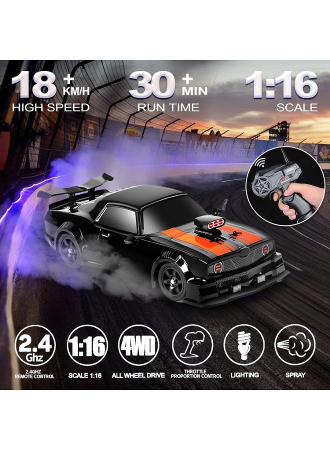 Noorly Remote Control Car, High Speed RC Car 1/16 Scale 4WD Drift Car Vehicles with LED Lights and Spray Effect, Racing Car Toy for Kids Adults – Includes 2 Rechargeable Batteries - Image 2