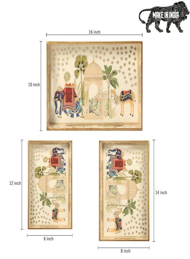 DULI طقم صواني خشبية من خشب MDF من DULI مكون من 3 قطع بنقشة الفيل والجمل، مطلية بالمينا، مقاومة للماء، مع مقابض - 16 × 10، 14 × 8، 12 × 6 بوصة (Setof3-RoyalCamelandElephantWP) - Image 2