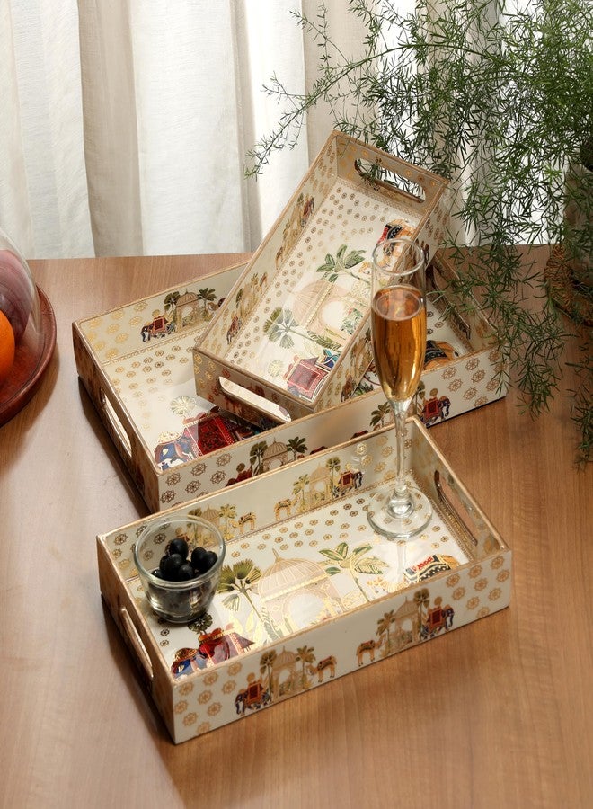 DULI طقم صواني خشبية من خشب MDF من DULI مكون من 3 قطع بنقشة الفيل والجمل، مطلية بالمينا، مقاومة للماء، مع مقابض - 16 × 10، 14 × 8، 12 × 6 بوصة (Setof3-RoyalCamelandElephantWP) - Image 1