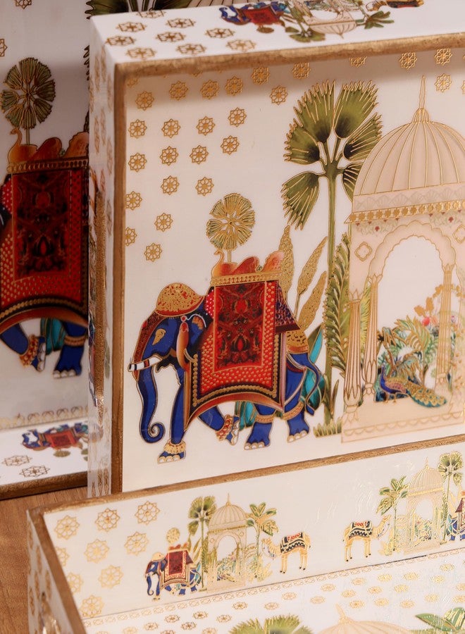 DULI طقم صواني خشبية من خشب MDF من DULI مكون من 3 قطع بنقشة الفيل والجمل، مطلية بالمينا، مقاومة للماء، مع مقابض - 16 × 10، 14 × 8، 12 × 6 بوصة (Setof3-RoyalCamelandElephantWP) - Image 4