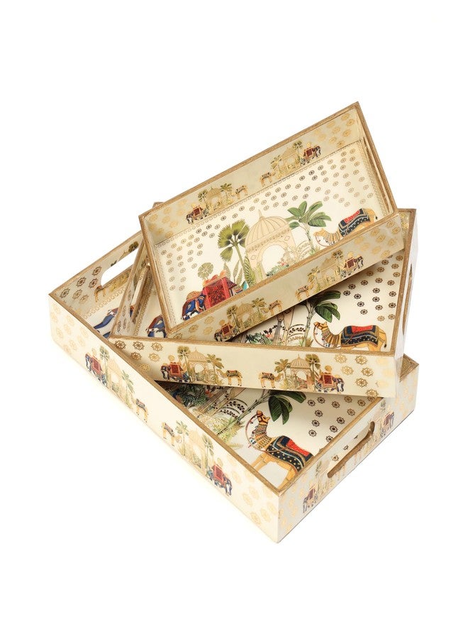 DULI طقم صواني خشبية من خشب MDF من DULI مكون من 3 قطع بنقشة الفيل والجمل، مطلية بالمينا، مقاومة للماء، مع مقابض - 16 × 10، 14 × 8، 12 × 6 بوصة (Setof3-RoyalCamelandElephantWP) - Image 3