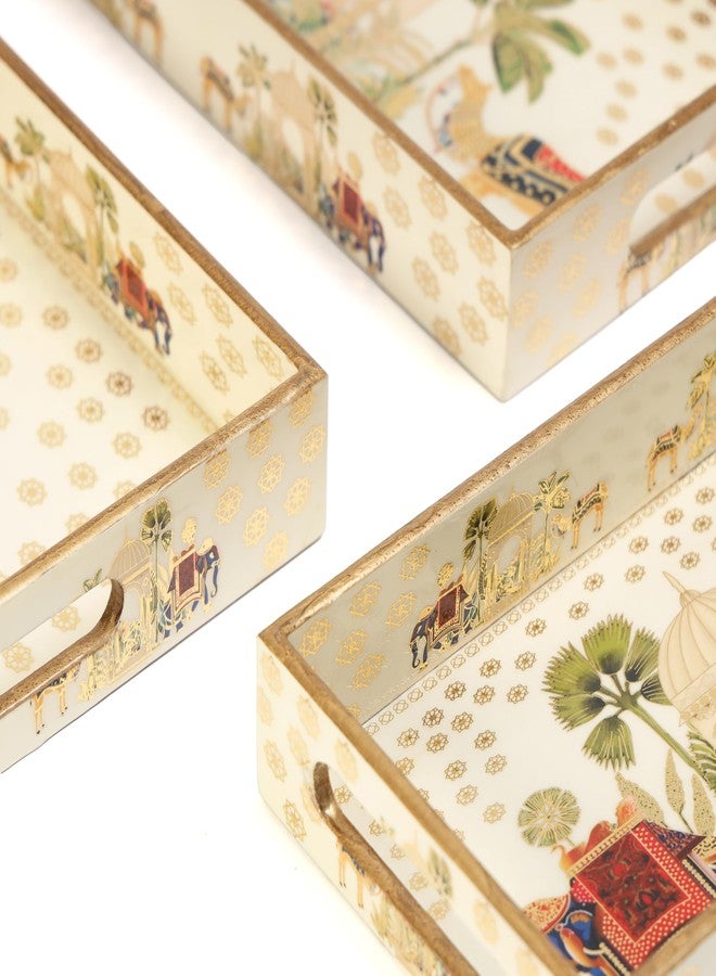 DULI طقم صواني خشبية من خشب MDF من DULI مكون من 3 قطع بنقشة الفيل والجمل، مطلية بالمينا، مقاومة للماء، مع مقابض - 16 × 10، 14 × 8، 12 × 6 بوصة (Setof3-RoyalCamelandElephantWP) - Image 5