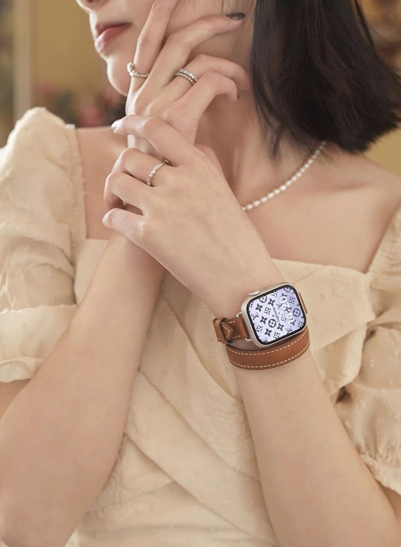 Leather Watch Band Compatible for  Watch Series Band 38mm 40mm 41mm 42mm women, Genuine Leather Double Tour Designed Slim Replacement Strap for iWatch Series10 9 8 7 6 SE, Brown - Image 3
