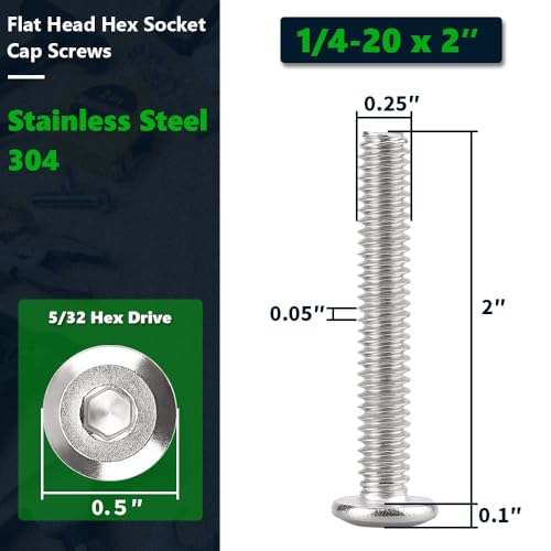 RoyceMart 1/4-20 x 2 (20 PCS) Flat Head Socket Cap Screw, 304 Stainless Steel 18-8 Binding Screws, Full Thread, Connection Bolts, Furniture Bolts - Image 2