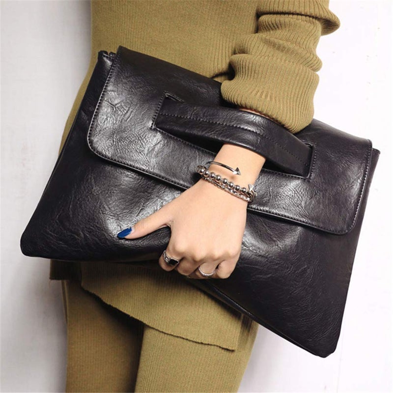 NIGEDU Women Handbags PU Leather Female Clutch Handbag Messenger Bag Large Solid High Capacity (Black) - Image 2