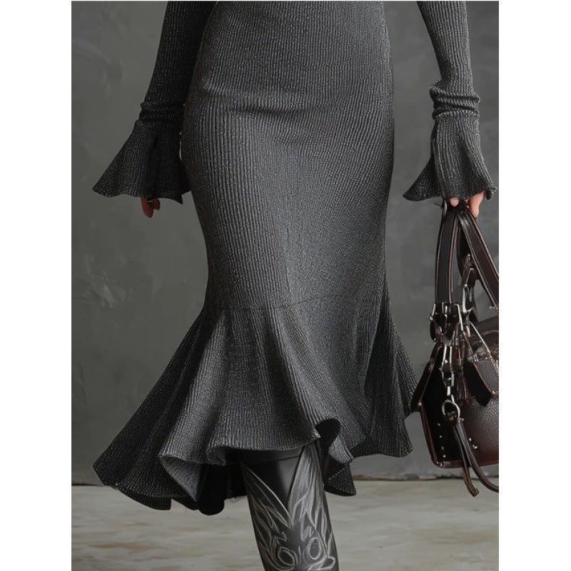 Elegant Women's Knitted Mermaid Dress with Flared Sleeves and Zipper - Image 1