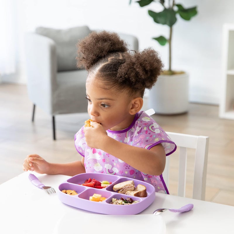 Bumkins Short Sleeve Bib for Girl or Boy, Toddler and Kids for 1-3 Years, Large Size, Essential Must Have for Junior Children, Eating, Mess Saving Soft Fabric Apron for Play, Unicorns Purple - Image 2
