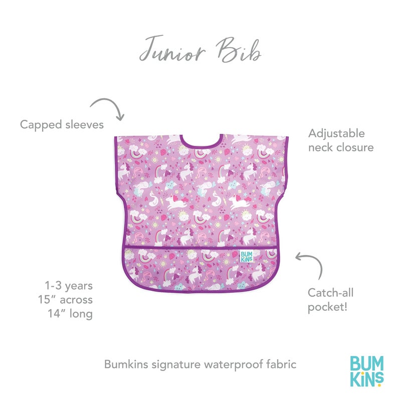 Bumkins Short Sleeve Bib for Girl or Boy, Toddler and Kids for 1-3 Years, Large Size, Essential Must Have for Junior Children, Eating, Mess Saving Soft Fabric Apron for Play, Unicorns Purple - Image 4