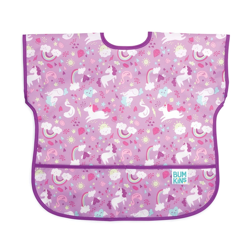 Bumkins Short Sleeve Bib for Girl or Boy, Toddler and Kids for 1-3 Years, Large Size, Essential Must Have for Junior Children, Eating, Mess Saving Soft Fabric Apron for Play, Unicorns Purple - Image 1