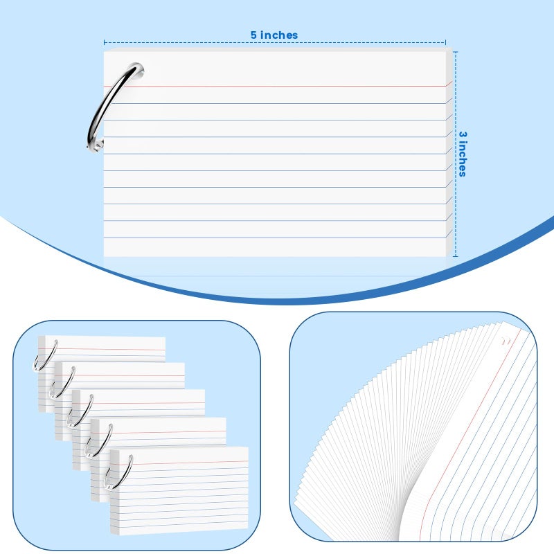 AILZFEI 250-Pack White Index Cards 3x5 Inch w/Key Ring â€“ 180gsm Heavyweight Flashcards â€“ Flash Cards Study & Note Cards (50 Sheets Each)â€“ Perfect for Study, Notes & Memory, Students School Supplies - Image 2