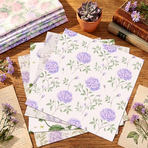 Tudomro 60 Pcs Purple Floral Fabric Squares 10 x 10 Inch Cotton Purple Pink Hydrangea Lavender Rose Gingham Fat Quarters Bundles Fabric Vintage Spring Precut Patchwork for Sewing Quilting DIY Crafts - Image 3