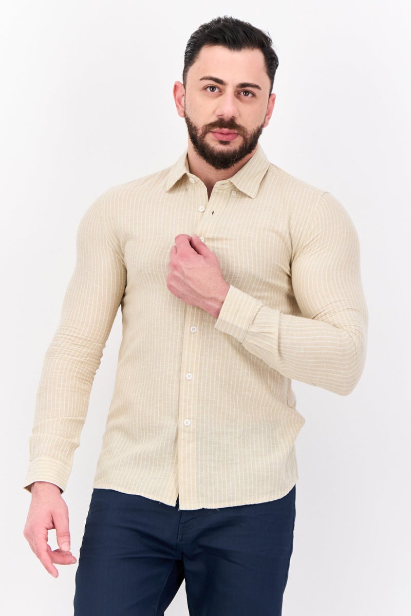 Peter Werth Men Regular Fit Stripe Print Long Sleeves Casual Shirt, Beige - Image 1