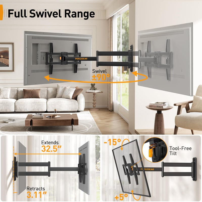 Perlegear Corner TV Wall Mount Long Arm TV Mount Bracket for 32-75 Inch TVs-Full Motion Wall Mount with 32.37â€ Extension & Swivel Articulating Arm & Tilt, MAX VESA 600x400mm, Holds up to 100 lbs - Image 4