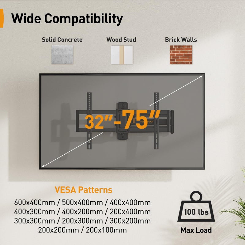 Perlegear Corner TV Wall Mount Long Arm TV Mount Bracket for 32-75 Inch TVs-Full Motion Wall Mount with 32.37â€ Extension & Swivel Articulating Arm & Tilt, MAX VESA 600x400mm, Holds up to 100 lbs - Image 2