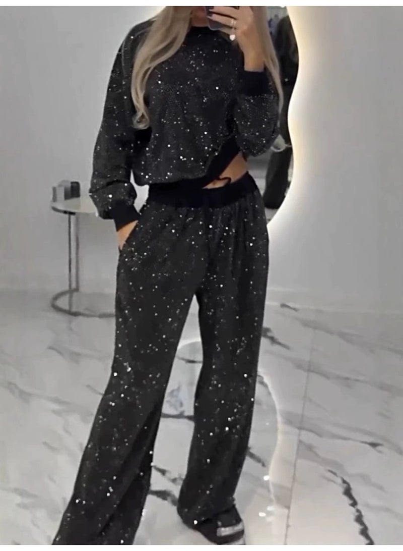 general Women's starry sky dress with numerous stars, long-sleeved round-neck loose top, loose pants, two-piece set with drawstring waistband - Image 1
