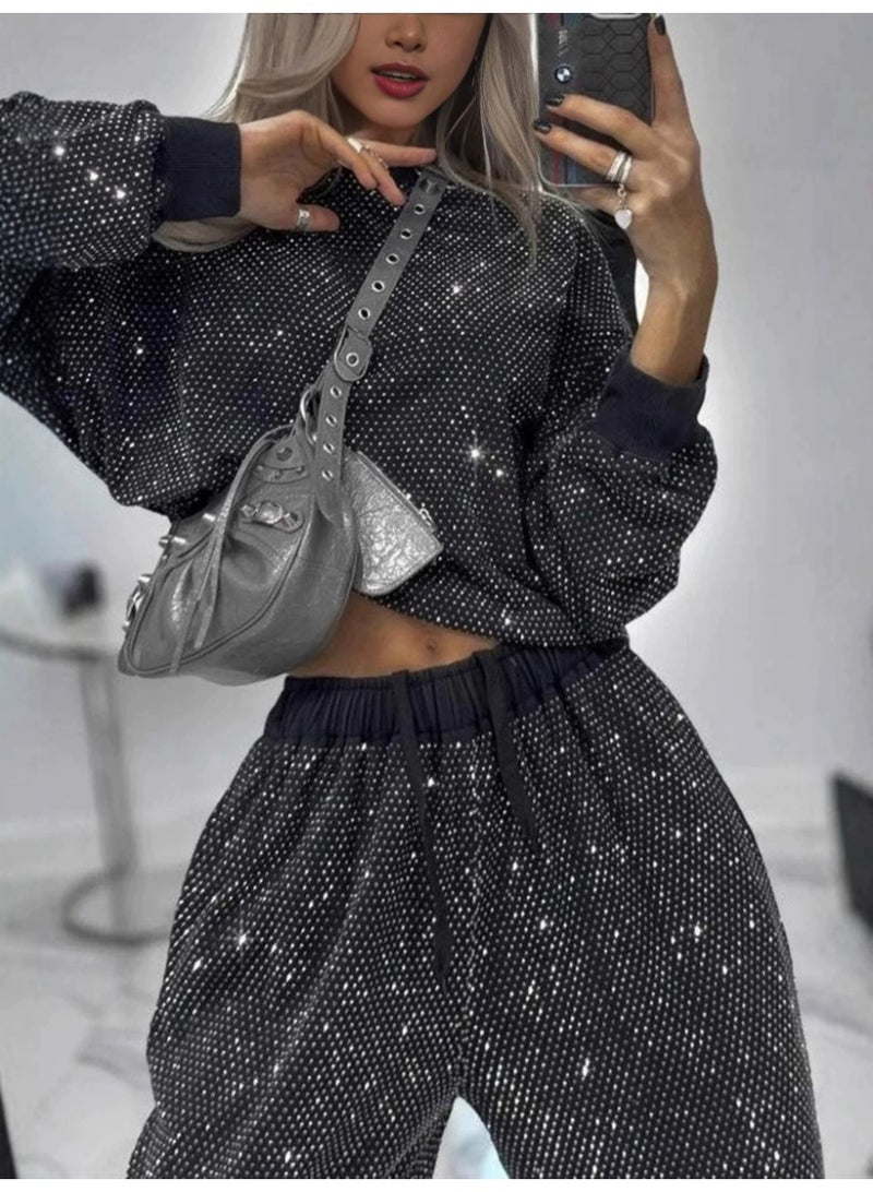 general Women's starry sky dress with numerous stars, long-sleeved round-neck loose top, loose pants, two-piece set with drawstring waistband - Image 4