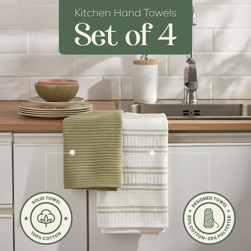 MosJos Kitchen Towels, Cotton Hand Towels, Sage Green and Cream Ribbed - Mini Weaved Stitched Set of 4 Absorbent Hand Drying Cloths, 18 x 28 Kitchen Linens - Image 2