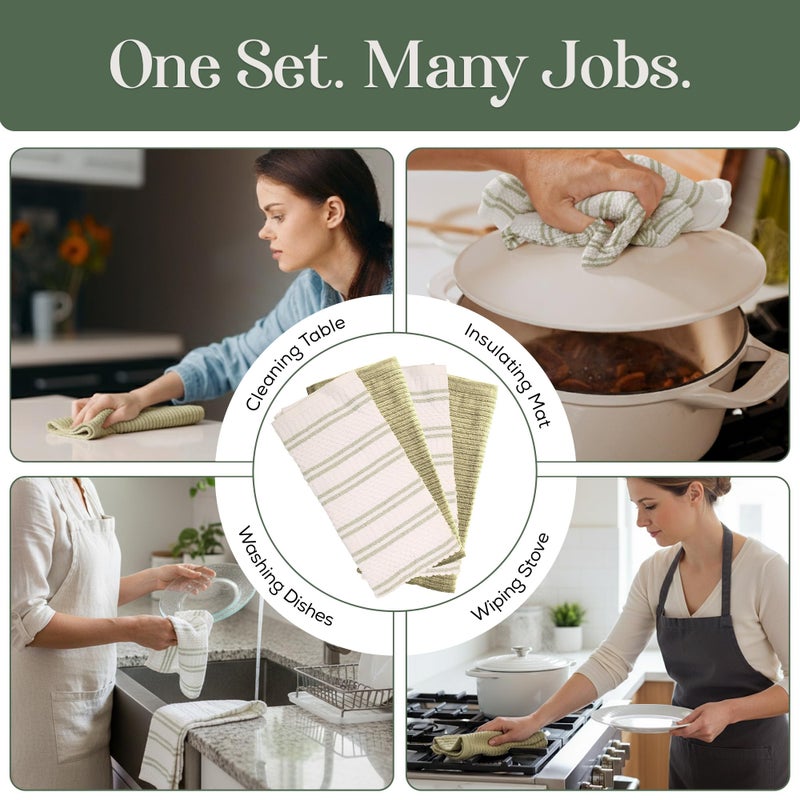 MosJos Kitchen Towels, Cotton Hand Towels, Sage Green and Cream Ribbed - Mini Weaved Stitched Set of 4 Absorbent Hand Drying Cloths, 18 x 28 Kitchen Linens - Image 5