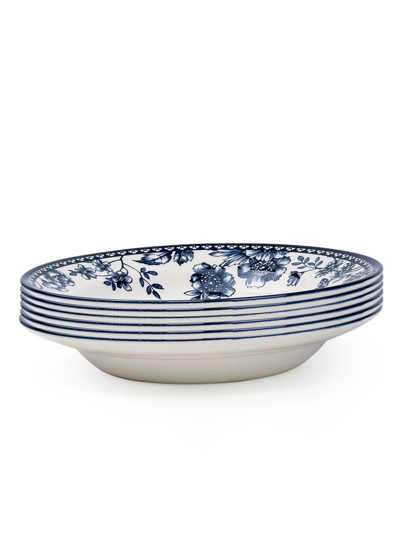 Claytan Rhapsody 9-Inch Dark Blue Floral Pattern Ceramic Soup Plate (White, Set of 6) - Image 1