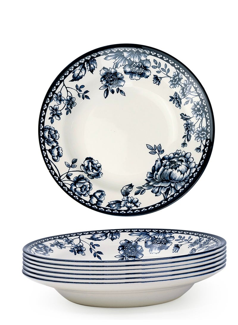 Claytan Rhapsody 9-Inch Dark Blue Floral Pattern Ceramic Soup Plate (White, Set of 6) - Image 2