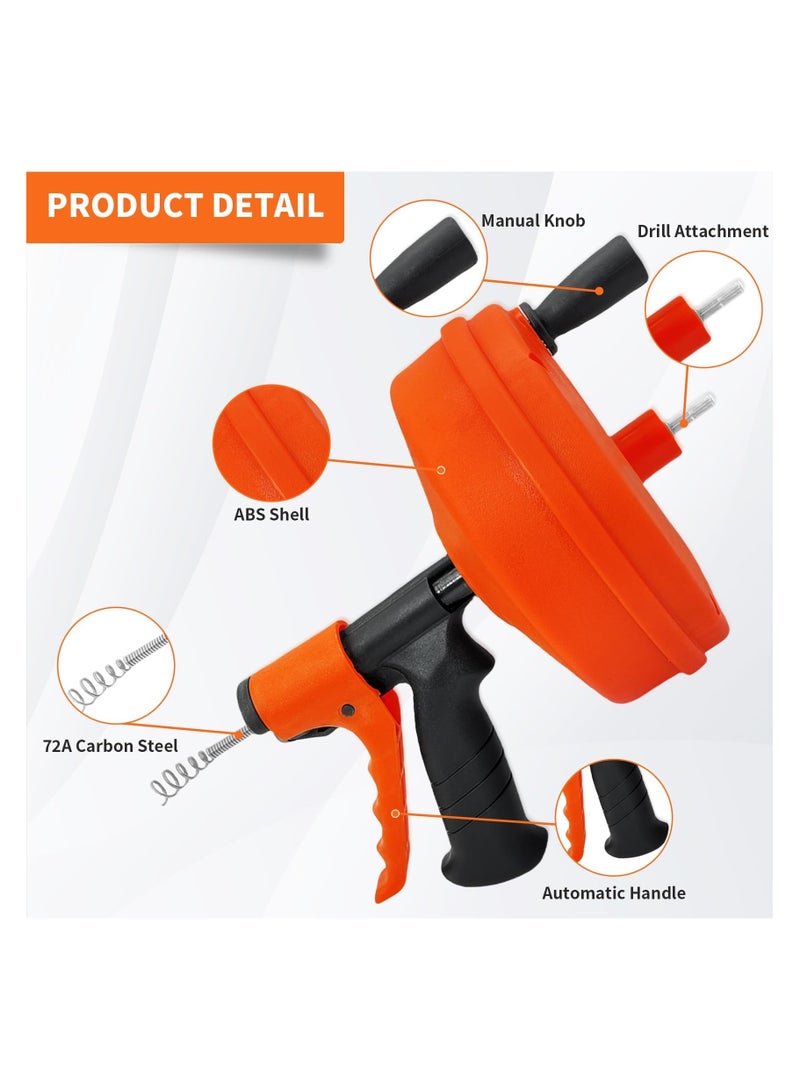 XICEN Drain Auger, Plumbing Drain Snake, Flexible Plumbing Snake Use Manually or Powered for Bathtub Drain, Bathroom Sink, Kitchen Cleaning - Image 4