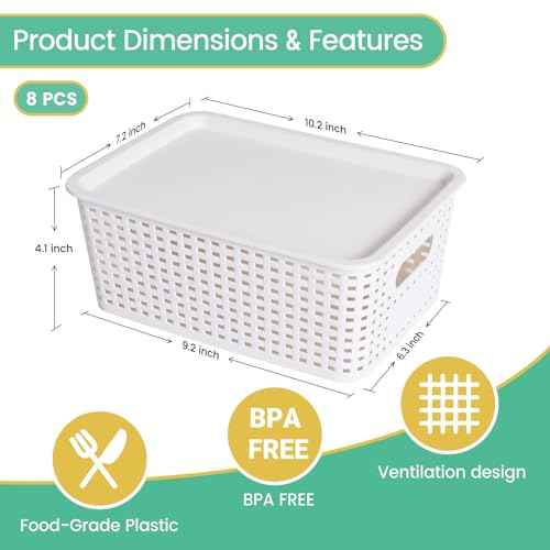 Ohmlove Plastic Storage Baskets with Lid - Plastic Storage Containers Stackable Storage bins: Storage Baskets for Organizing Shelves Drawers Desktop Closet Playroom Classroom Office, 8 Pack-White - Image 2