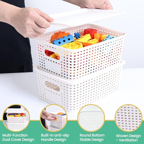 Ohmlove Plastic Storage Baskets with Lid - Plastic Storage Containers Stackable Storage bins: Storage Baskets for Organizing Shelves Drawers Desktop Closet Playroom Classroom Office, 8 Pack-White - Image 4