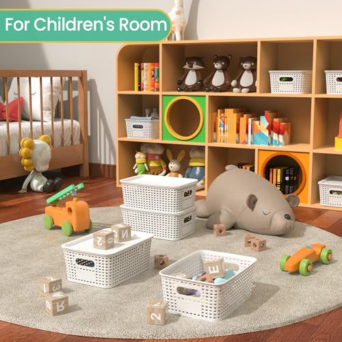Ohmlove Plastic Storage Baskets with Lid - Plastic Storage Containers Stackable Storage bins: Storage Baskets for Organizing Shelves Drawers Desktop Closet Playroom Classroom Office, 8 Pack-White - Image 5
