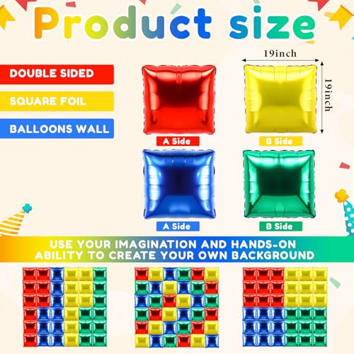 Charnoel 36 Pcs Brothers Birthday Decorations Balloons Brick Square Foil Balloons Wall Backdrop Arch Kit Double Sided Metallic for Cartoon Video Game Party SuppliesRed Green Blue Yellow - Image 5