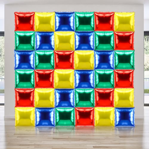 Charnoel 36 Pcs Brothers Birthday Decorations Balloons Brick Square Foil Balloons Wall Backdrop Arch Kit Double Sided Metallic for Cartoon Video Game Party SuppliesRed Green Blue Yellow - Image 1