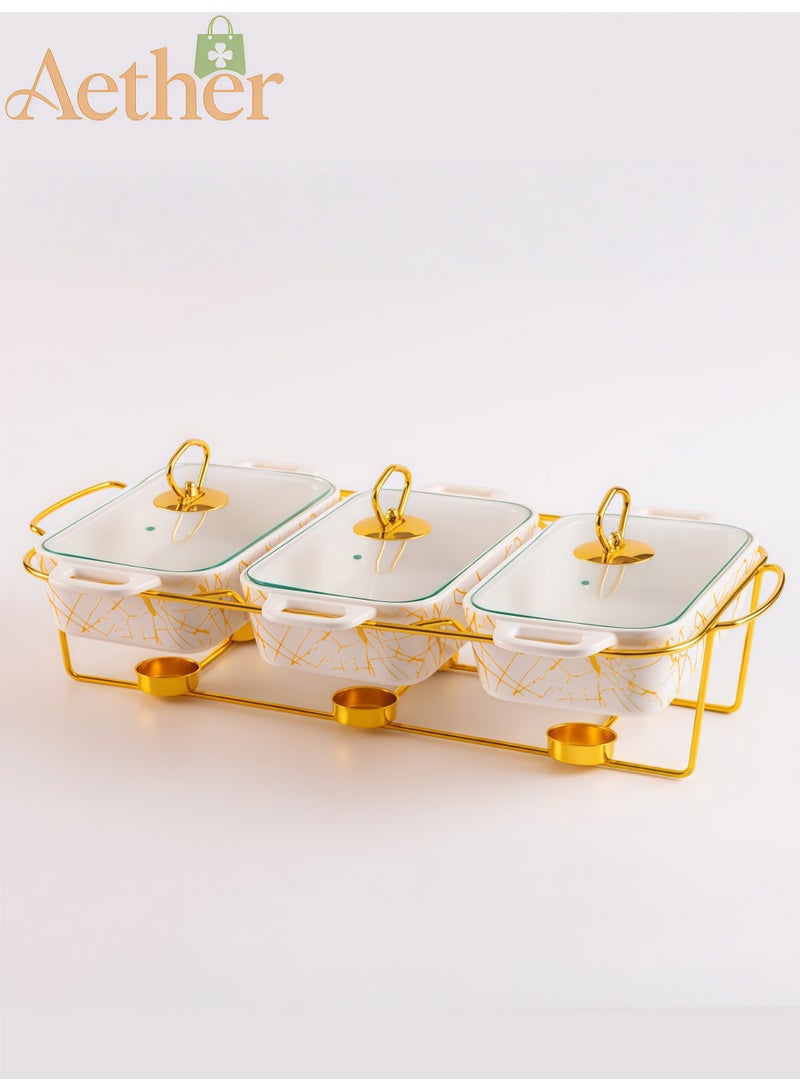 AETHER 3 Compartments Double Ear Ceramic Baking Pan Home Tableware Heating Soup Pot Dry Pot 3 Piece Set Golden Texture With Lid Insulation - Image 1