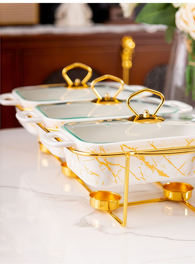 AETHER 3 Compartments Double Ear Ceramic Baking Pan Home Tableware Heating Soup Pot Dry Pot 3 Piece Set Golden Texture With Lid Insulation - Image 2