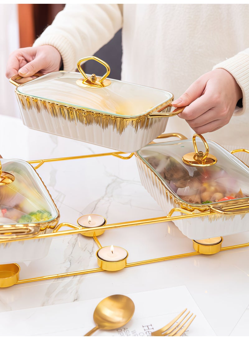 AETHER 3 Compartments Double Ear Ceramic Baking Pan Home Tableware Heating Soup Pot Dry Pot 3 Piece Set Golden Texture With Lid Insulation - Image 5