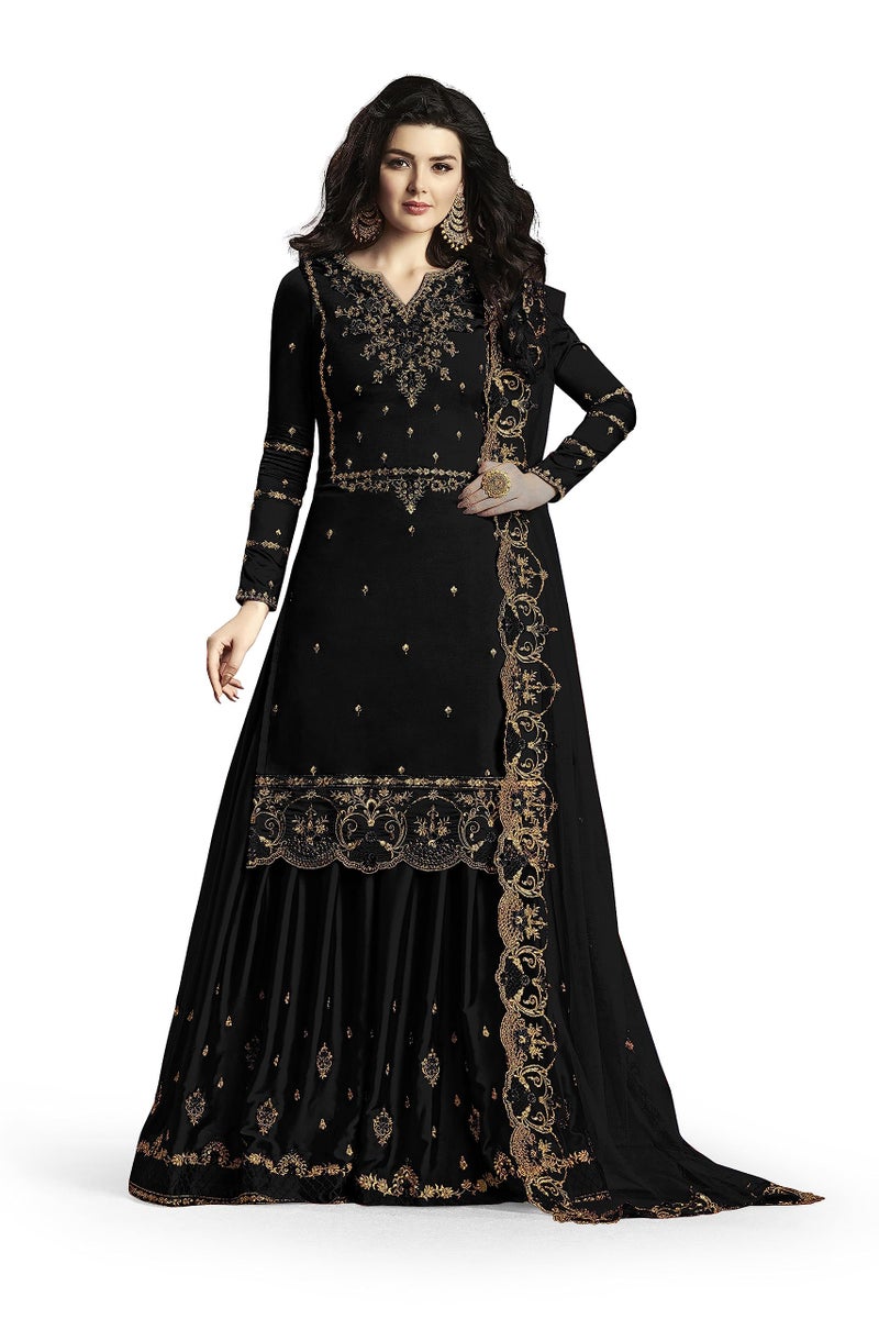 THE 9192 Women's Semi Stitched Embroidered Kurta Sharara Set Heavy Work Georgette Kurta Sharara Dupatta Set (Black) - Image 1