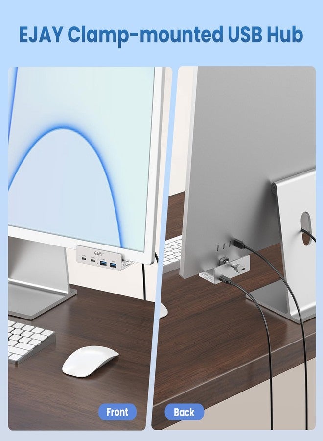 EJAY 4Ports 10Gbps USB-C HUB USB3.2 Clamp USB HUB Splitter,Mountable USB-C Adapter with Data & Power Cable for iMac 2021 and later-10Gbps(Sliver) - Image 2
