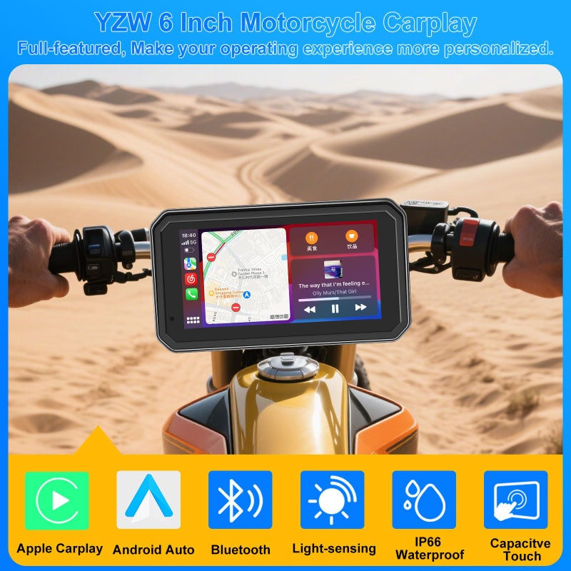 YZW 6" Wireless Motorcycle Carplay with Android Auto, Waterproof GPS Nevigation System Screen for Motorbike, Music Sharing,Vioce Control,Light Sensor, BT,Anti-Theft Design Quick-Release Magnetic Mount - Image 3
