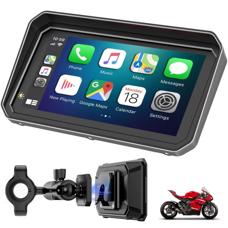 YZW 6" Wireless Motorcycle Carplay with Android Auto, Waterproof GPS Nevigation System Screen for Motorbike, Music Sharing,Vioce Control,Light Sensor, BT,Anti-Theft Design Quick-Release Magnetic Mount - Image 1