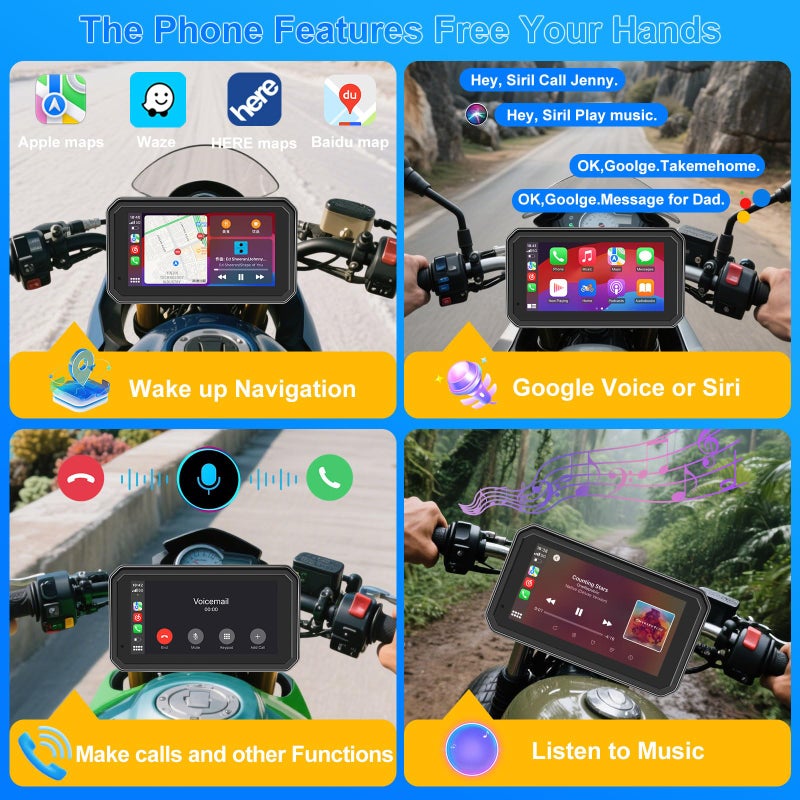 YZW 6" Wireless Motorcycle Carplay with Android Auto, Waterproof GPS Nevigation System Screen for Motorbike, Music Sharing,Vioce Control,Light Sensor, BT,Anti-Theft Design Quick-Release Magnetic Mount - Image 4