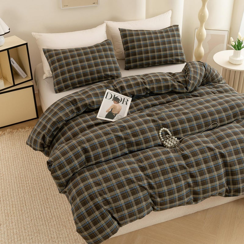 ECOCOTT Buffalo Plaid Duvet Cover Queen Size â€“ 3 Piece Washed Cotton Brown & Blue Bedding Set, Soft & Breathable, Reversible Checkered Design with Zipper Closure & Corner Ties - Image 4