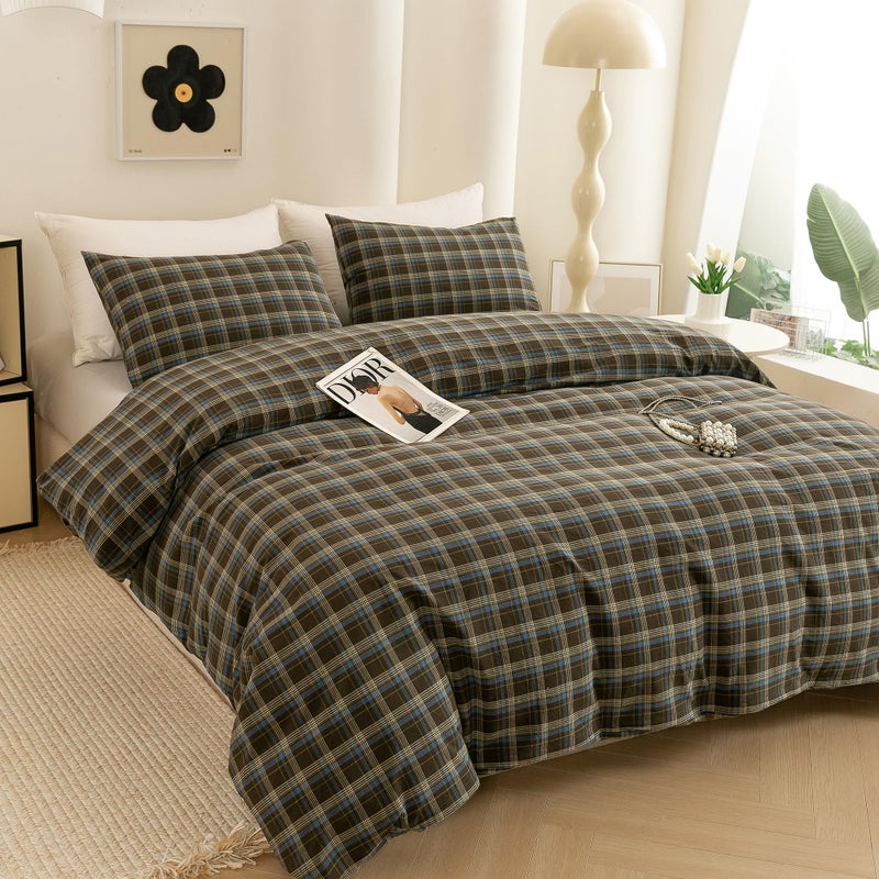 ECOCOTT Buffalo Plaid Duvet Cover Queen Size â€“ 3 Piece Washed Cotton Brown & Blue Bedding Set, Soft & Breathable, Reversible Checkered Design with Zipper Closure & Corner Ties - Image 3