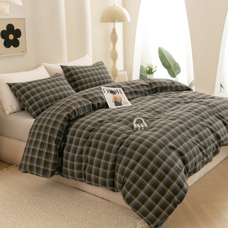 ECOCOTT Buffalo Plaid Duvet Cover Queen Size â€“ 3 Piece Washed Cotton Brown & Blue Bedding Set, Soft & Breathable, Reversible Checkered Design with Zipper Closure & Corner Ties - Image 5