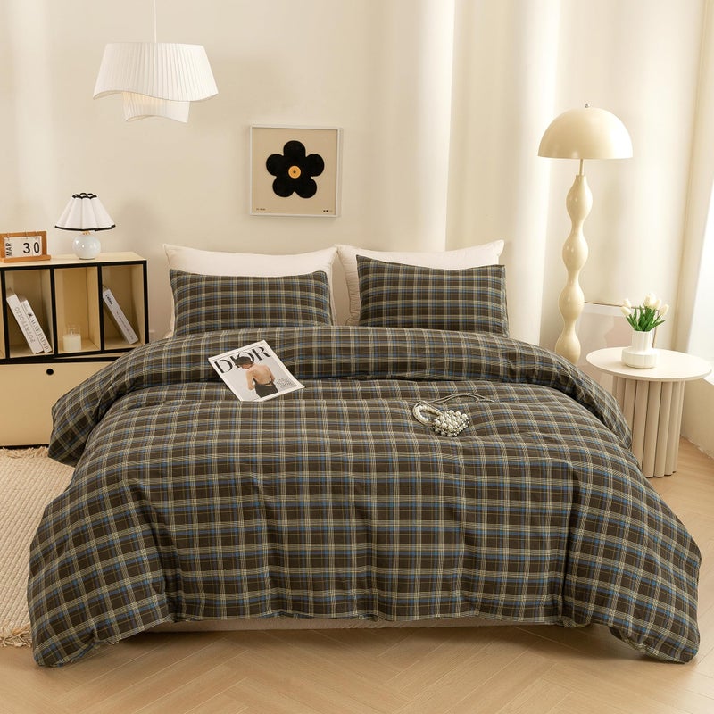 ECOCOTT Buffalo Plaid Duvet Cover Queen Size â€“ 3 Piece Washed Cotton Brown & Blue Bedding Set, Soft & Breathable, Reversible Checkered Design with Zipper Closure & Corner Ties - Image 1