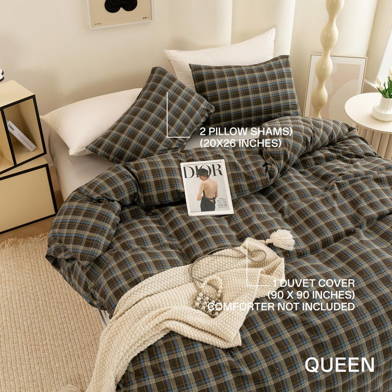 ECOCOTT Buffalo Plaid Duvet Cover Queen Size â€“ 3 Piece Washed Cotton Brown & Blue Bedding Set, Soft & Breathable, Reversible Checkered Design with Zipper Closure & Corner Ties - Image 2